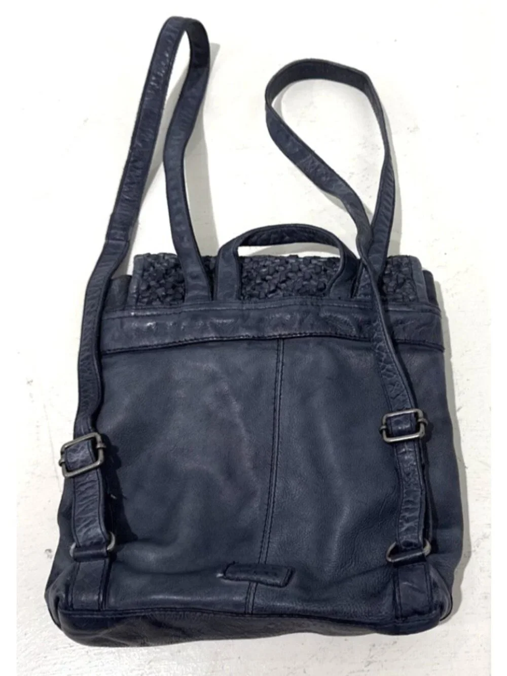 Frye and Co Blue Esme Leather Backpack Purse Braided Leather Flap Adjustable